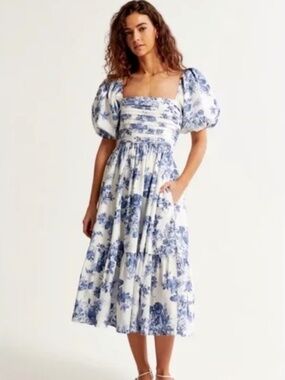 Abercrombie & Fitch Emerson Blue and White Puff Sleeve Romantic Dress